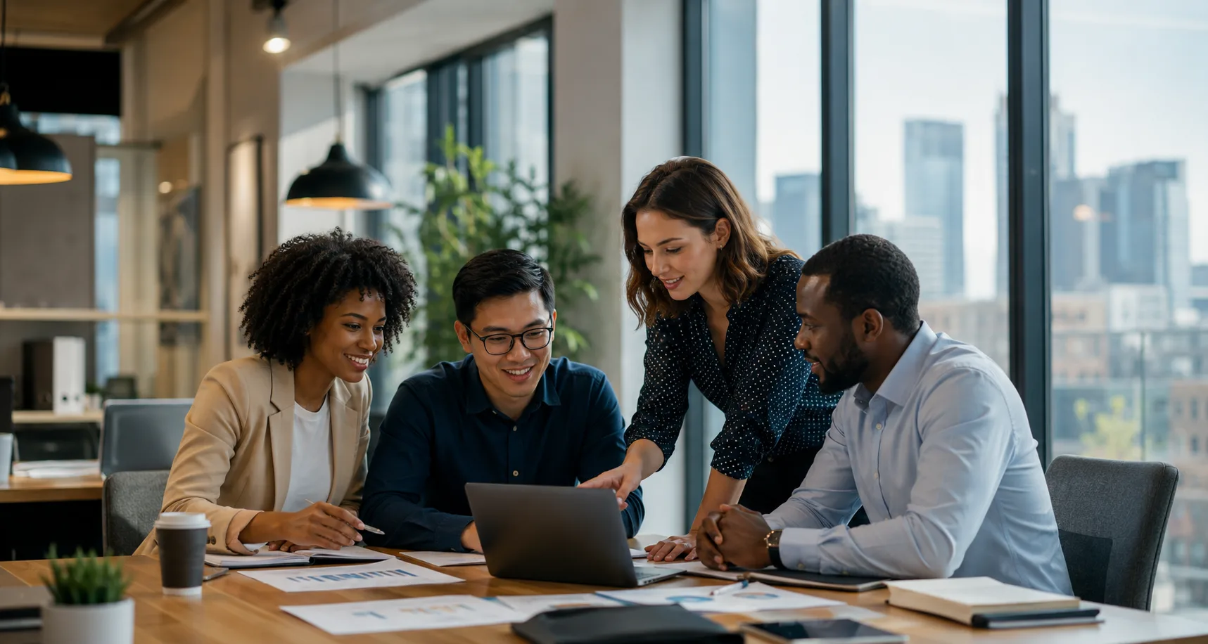 Équipe pluridisciplinaire d'entrepreneurs et de professionnels échangeant autour d'un ordinateur portable dans un bureau lumineux